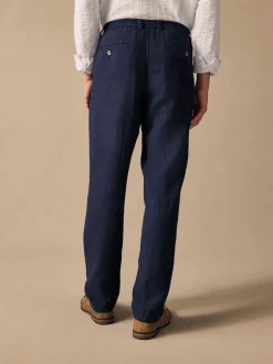 Navy Blue Elasticated Waist Textured Linen Blend Trousers
