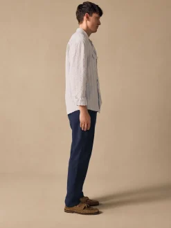 Navy Blue Elasticated Waist Textured Linen Blend Trousers