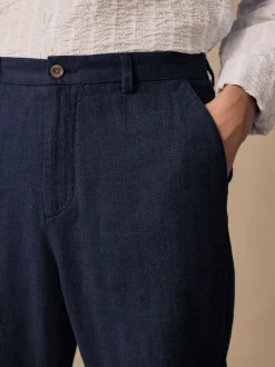 Navy Blue Elasticated Waist Textured Linen Blend Trousers