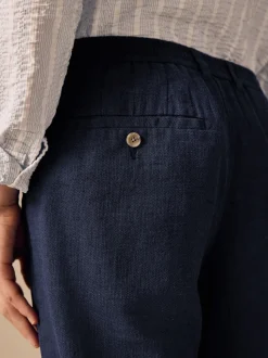 Navy Blue Elasticated Waist Textured Linen Blend Trousers
