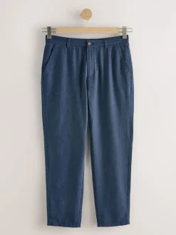 Navy Blue Elasticated Waist Textured Linen Blend Trousers
