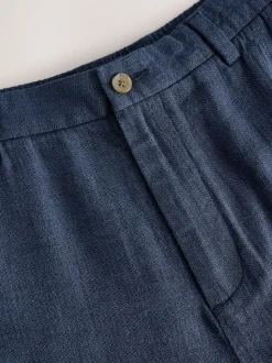 Navy Blue Elasticated Waist Textured Linen Blend Trousers