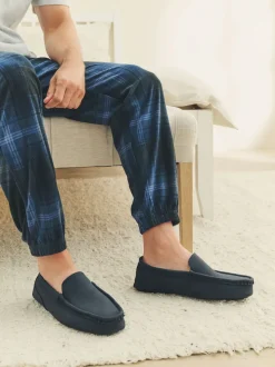 Navy Blue Faux Fur Lined Moccasin Slippers