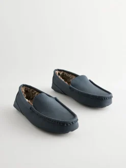 Navy Blue Faux Fur Lined Moccasin Slippers