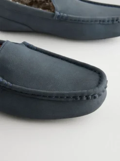 Navy Blue Faux Fur Lined Moccasin Slippers