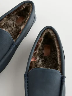 Navy Blue Faux Fur Lined Moccasin Slippers