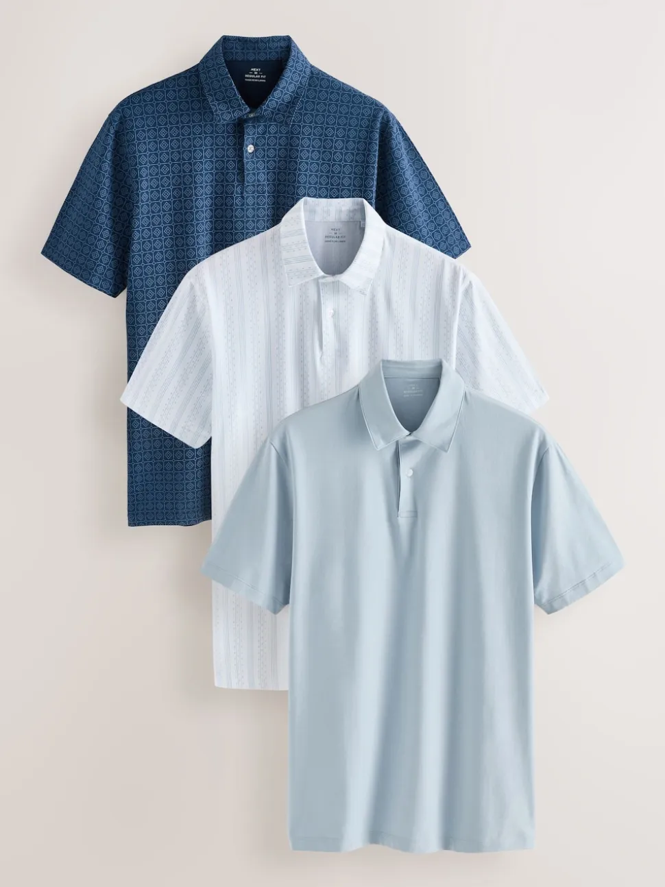 Navy Blue Geo Printed Short Sleeve Jersey Polo Shirts 3 Pack