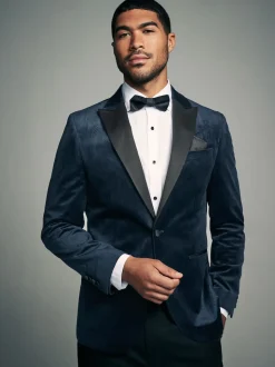 Navy Blue Geometric Slim Fit Patterned Velvet Blazer