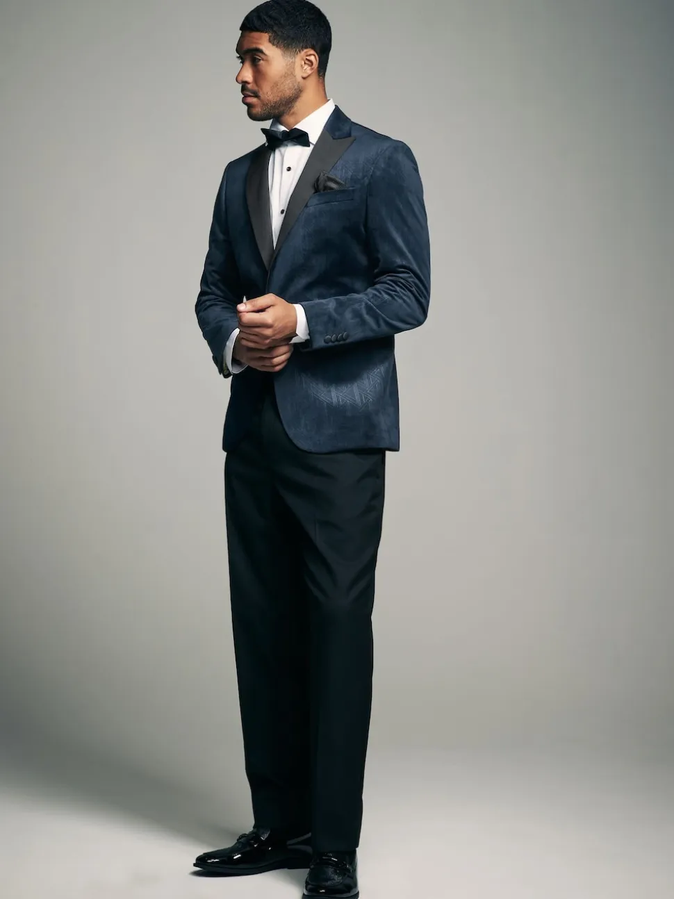 Navy Blue Geometric Slim Fit Patterned Velvet Blazer