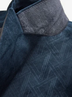 Navy Blue Geometric Slim Fit Patterned Velvet Blazer