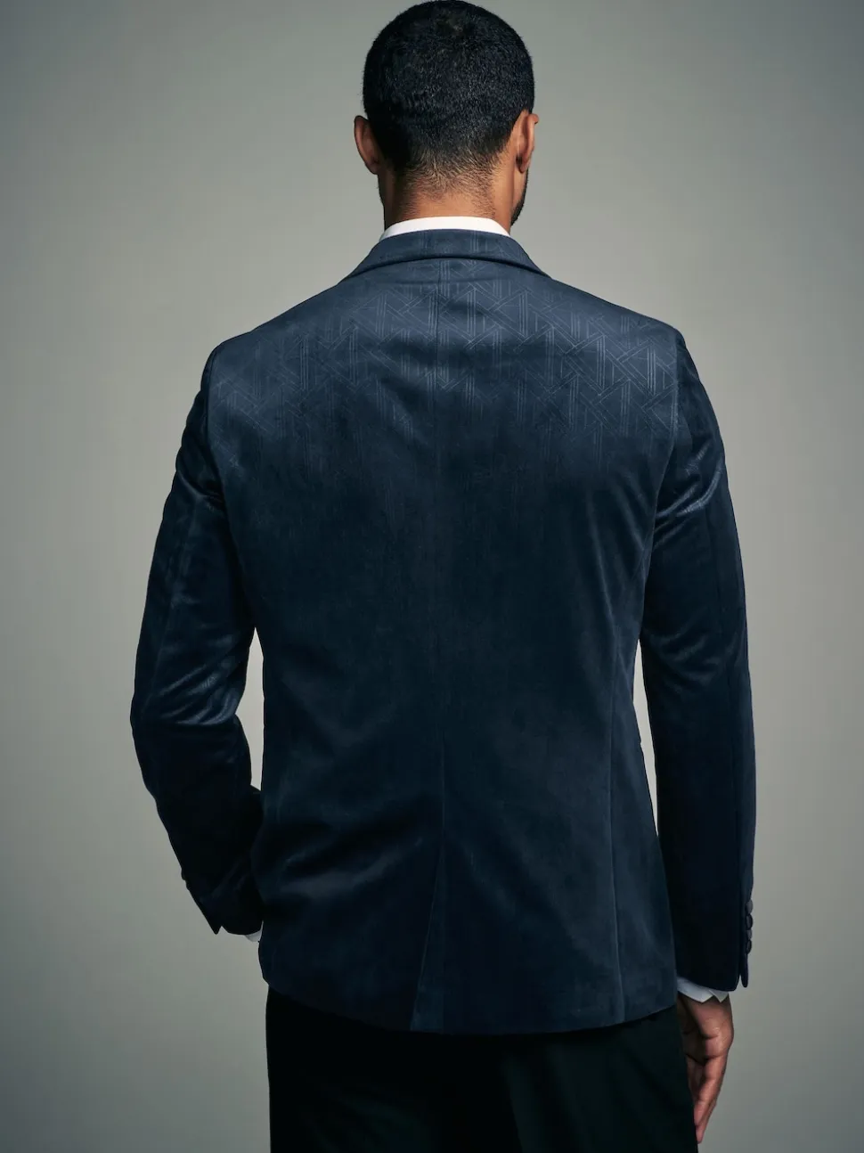 Navy Blue Geometric Slim Fit Patterned Velvet Blazer