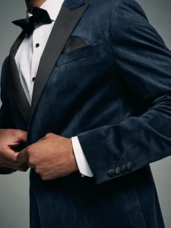 Navy Blue Geometric Slim Fit Patterned Velvet Blazer