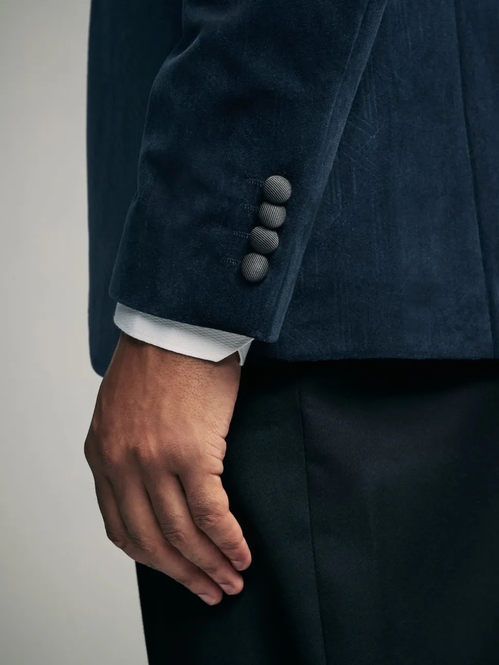 Navy Blue Geometric Slim Fit Patterned Velvet Blazer