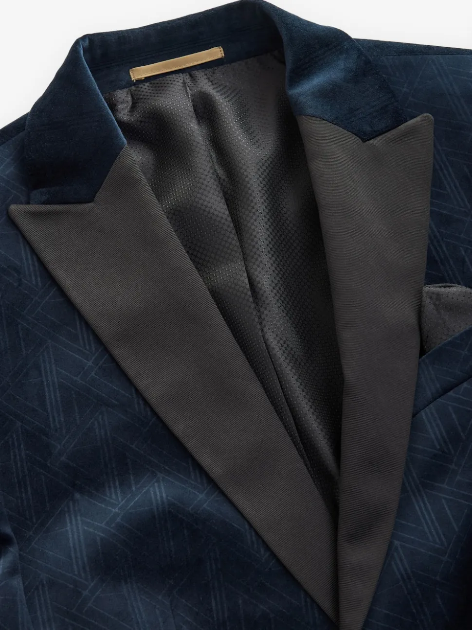 Navy Blue Geometric Slim Fit Patterned Velvet Blazer