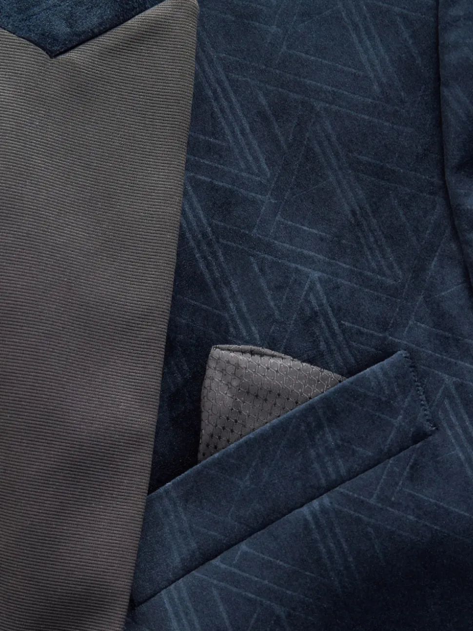 Navy Blue Geometric Slim Fit Patterned Velvet Blazer