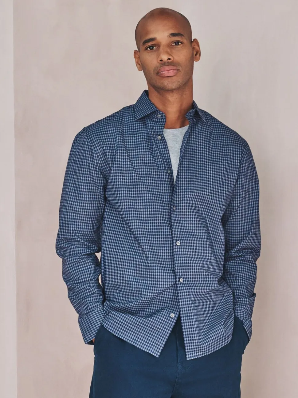 Navy Blue Gingham Regular Fit N.Premium Long Sleeve Smart Shirt