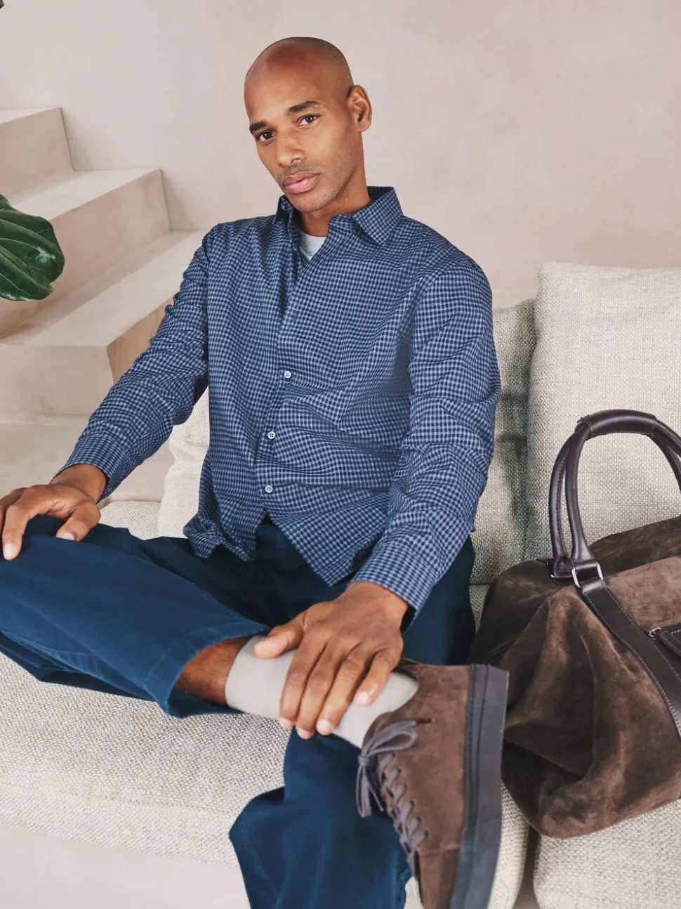 Navy Blue Gingham Regular Fit N.Premium Long Sleeve Smart Shirt