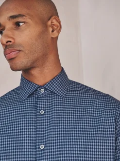 Navy Blue Gingham Regular Fit N.Premium Long Sleeve Smart Shirt