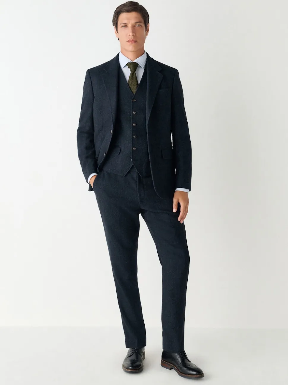 Navy Blue Herringbone Wool Blend Suit Waistcoast