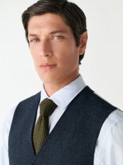 Navy Blue Herringbone Wool Blend Suit Waistcoast