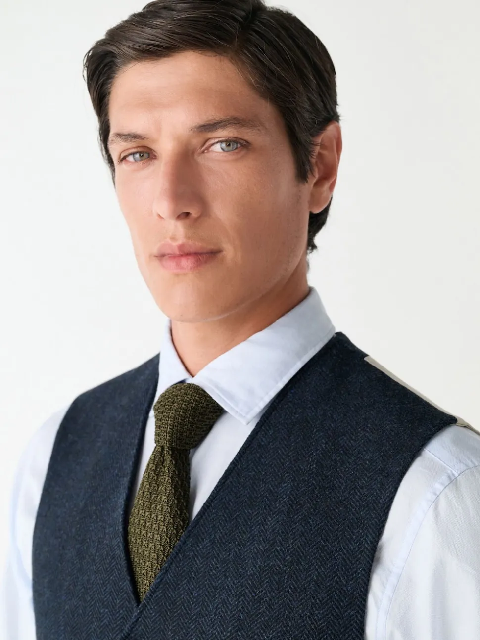 Navy Blue Herringbone Wool Blend Suit Waistcoast