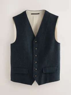 Navy Blue Herringbone Wool Blend Suit Waistcoast