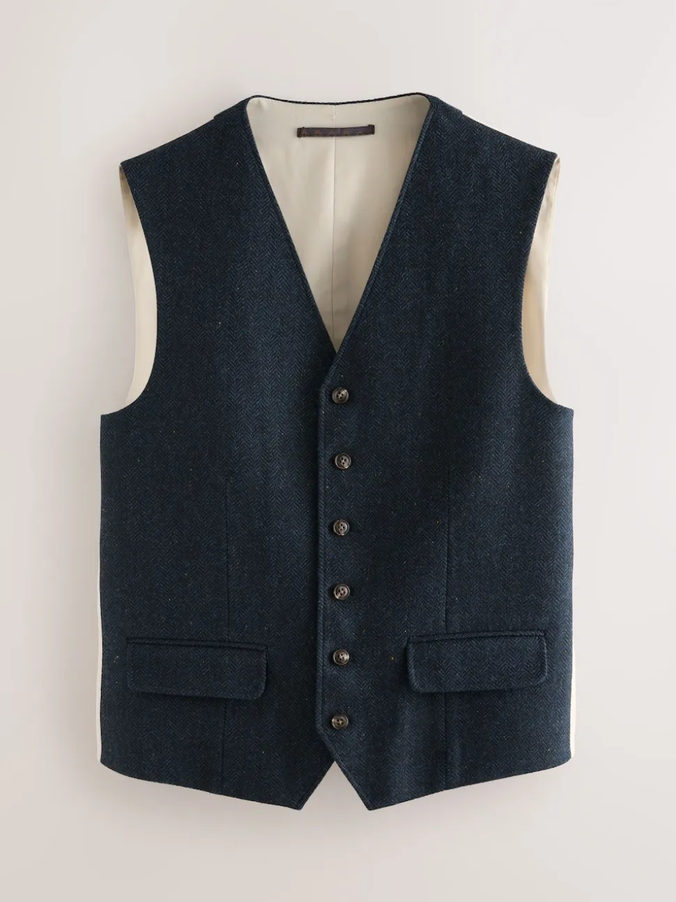 Navy Blue Herringbone Wool Blend Suit Waistcoast