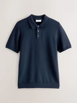 Navy Blue Muscle Fit Cotton Rich Short Sleeve Knit Polo Shirt