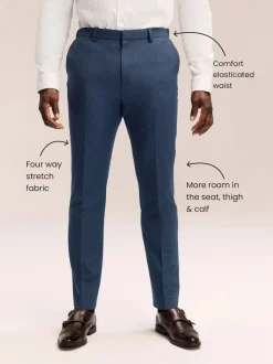 Navy Blue Muscle Fit Elasticated Waist Motionflex Stretch Smart Trousers