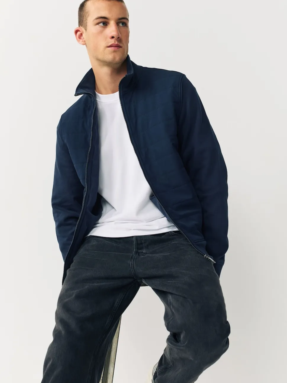Navy Blue Non-Hooded Hybrid Full Zip Jacket