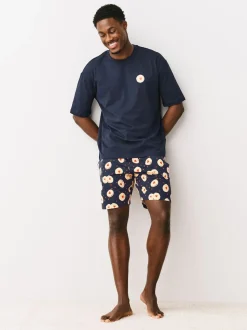 Navy Blue Printed Short Sleeve Heart Biscuit Jersey Pyjamas Set