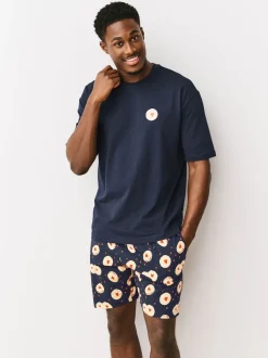 Navy Blue Printed Short Sleeve Heart Biscuit Jersey Pyjamas Set