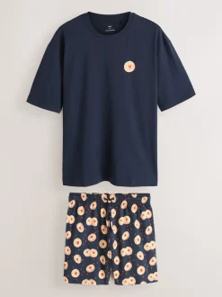 Navy Blue Printed Short Sleeve Heart Biscuit Jersey Pyjamas Set