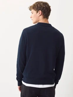 Navy Blue Regular Fit Cotton Rich Long Sleeve Knitted Polo Shirt