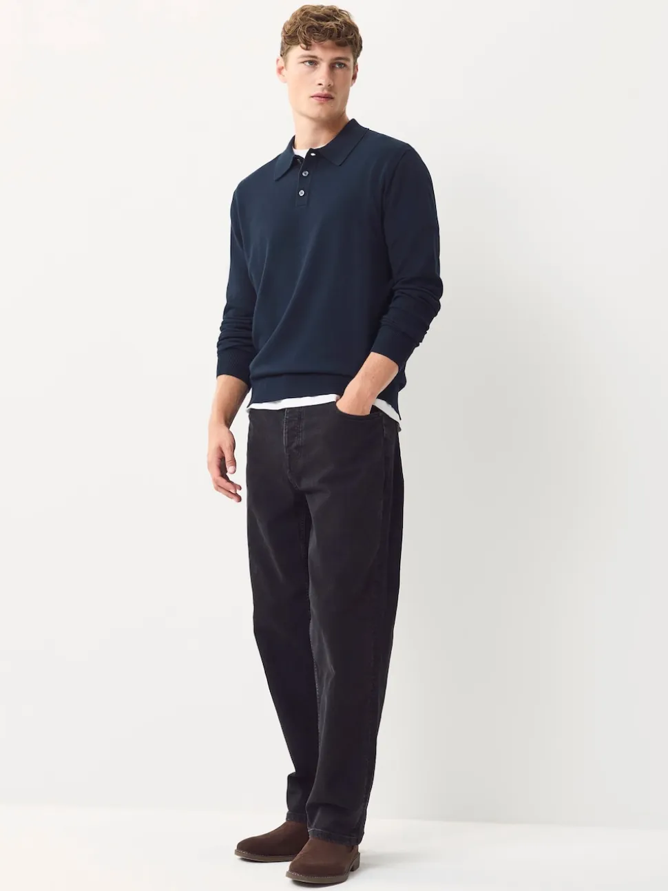 Navy Blue Regular Fit Cotton Rich Long Sleeve Knitted Polo Shirt