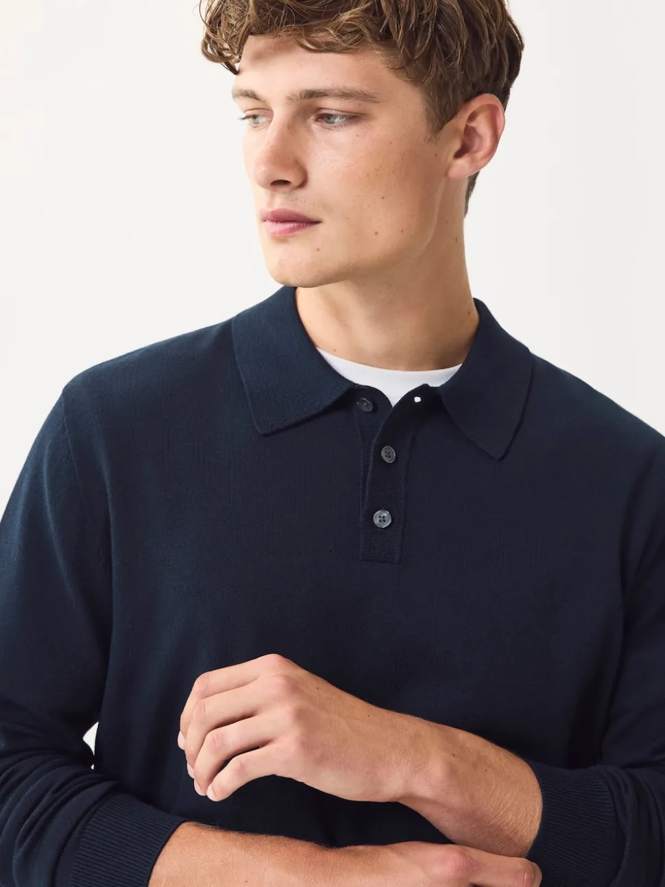 Navy Blue Regular Fit Cotton Rich Long Sleeve Knitted Polo Shirt