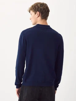 Navy Blue Regular Fit Cotton Rich Long Sleeve Stripe Knit Polo Shirt