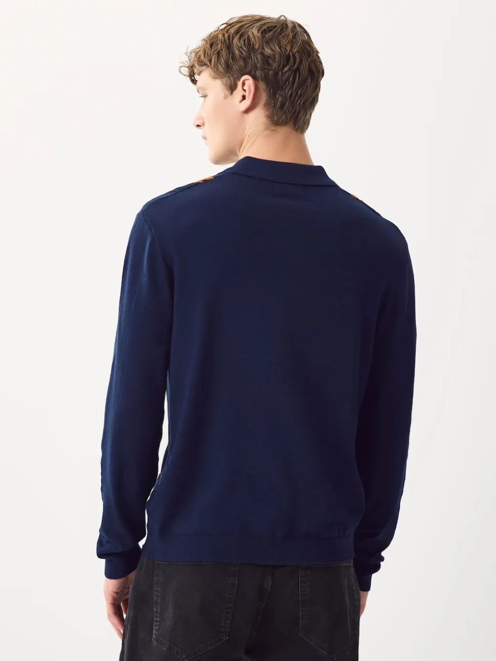Navy Blue Regular Fit Cotton Rich Long Sleeve Stripe Knit Polo Shirt