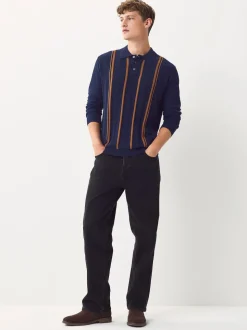 Navy Blue Regular Fit Cotton Rich Long Sleeve Stripe Knit Polo Shirt