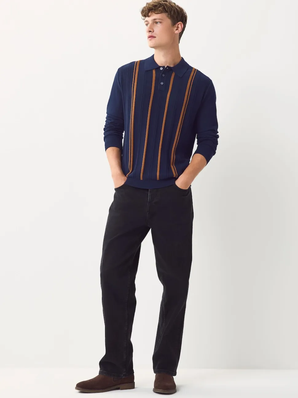 Navy Blue Regular Fit Cotton Rich Long Sleeve Stripe Knit Polo Shirt
