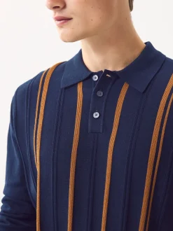 Navy Blue Regular Fit Cotton Rich Long Sleeve Stripe Knit Polo Shirt