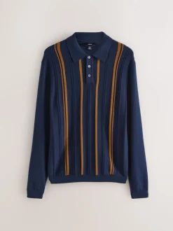 Navy Blue Regular Fit Cotton Rich Long Sleeve Stripe Knit Polo Shirt