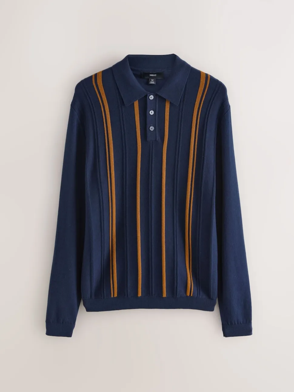 Navy Blue Regular Fit Cotton Rich Long Sleeve Stripe Knit Polo Shirt