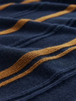 Navy Blue Regular Fit Cotton Rich Long Sleeve Stripe Knit Polo Shirt