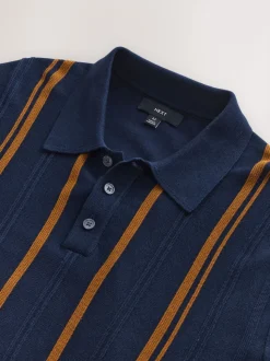 Navy Blue Regular Fit Cotton Rich Long Sleeve Stripe Knit Polo Shirt