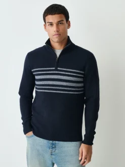 Navy Blue Regular Fit Essential Chest Block Stripe Quarter Zip Neck Jumper