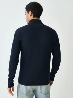 Navy Blue Regular Fit Essential Chest Block Stripe Quarter Zip Neck Jumper