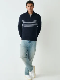 Navy Blue Regular Fit Essential Chest Block Stripe Quarter Zip Neck Jumper