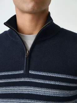 Navy Blue Regular Fit Essential Chest Block Stripe Quarter Zip Neck Jumper