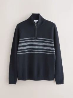 Navy Blue Regular Fit Essential Chest Block Stripe Quarter Zip Neck Jumper